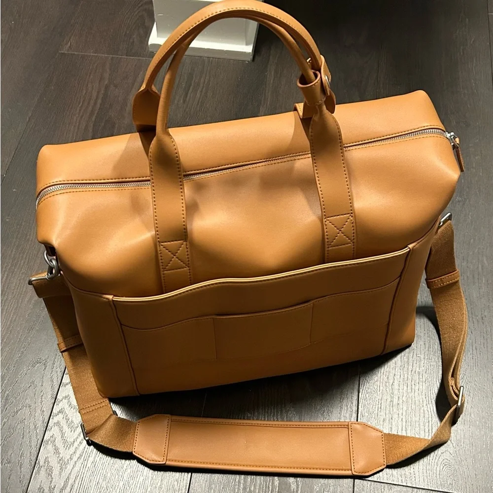 Elegant Tan Vegan Leather Laptop Tech and Travel Metro Duffle Bag
